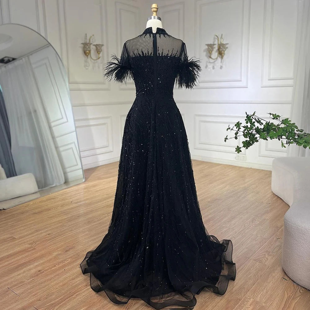 Serene Hill 2024 Arabic blue A Line Short Sleeveless Luxury Evening Dresses Beaded Feathers For Women Wedding Party LA72351