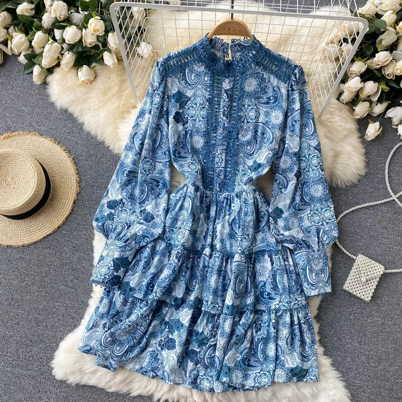 Spring Summer Women Dresses Elegant Vintage Print Holiday Bohemian Beach Dress Stand Collar Long Sleeve Ruffle Tiered Mini Dress