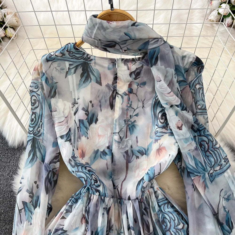 Elegant Chic A-Line Women Autumn Dress Long Sleeve Casual Floral Print Vintage Beach Holiday Vestidos Female Lace-up Robe Mujers