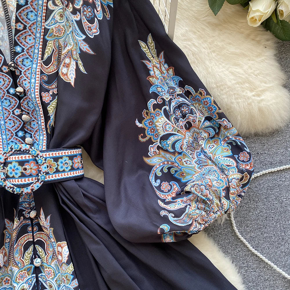 Bohemian Dresses For Women 2024 V Neck 3/4 Sleeve Spring Summer Vacation Mini Dress With Belt Boho Vintage Paisley Print Dress