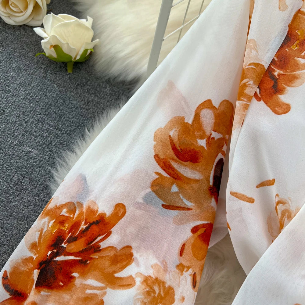 Elegant Casual Women Fashion Floral Print Long Dress Vintage Pleated A-Line Maxi Boho Beach Party Robe Female Clothes Mujers