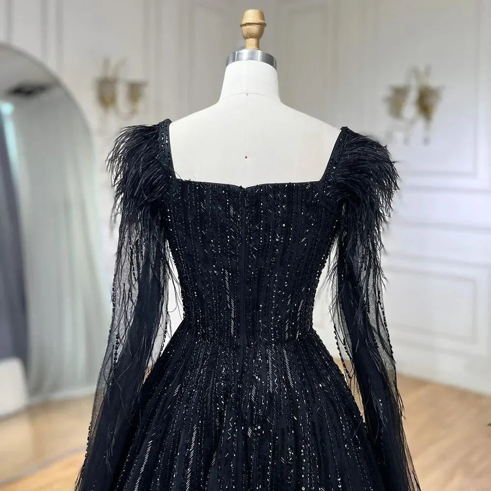 Serene Hill Luxury Dubai A Line Blue Cape Sleeves Feathers Beaded Evening Dresses Gowns 2023 For Women Wedding Party BLA72236
