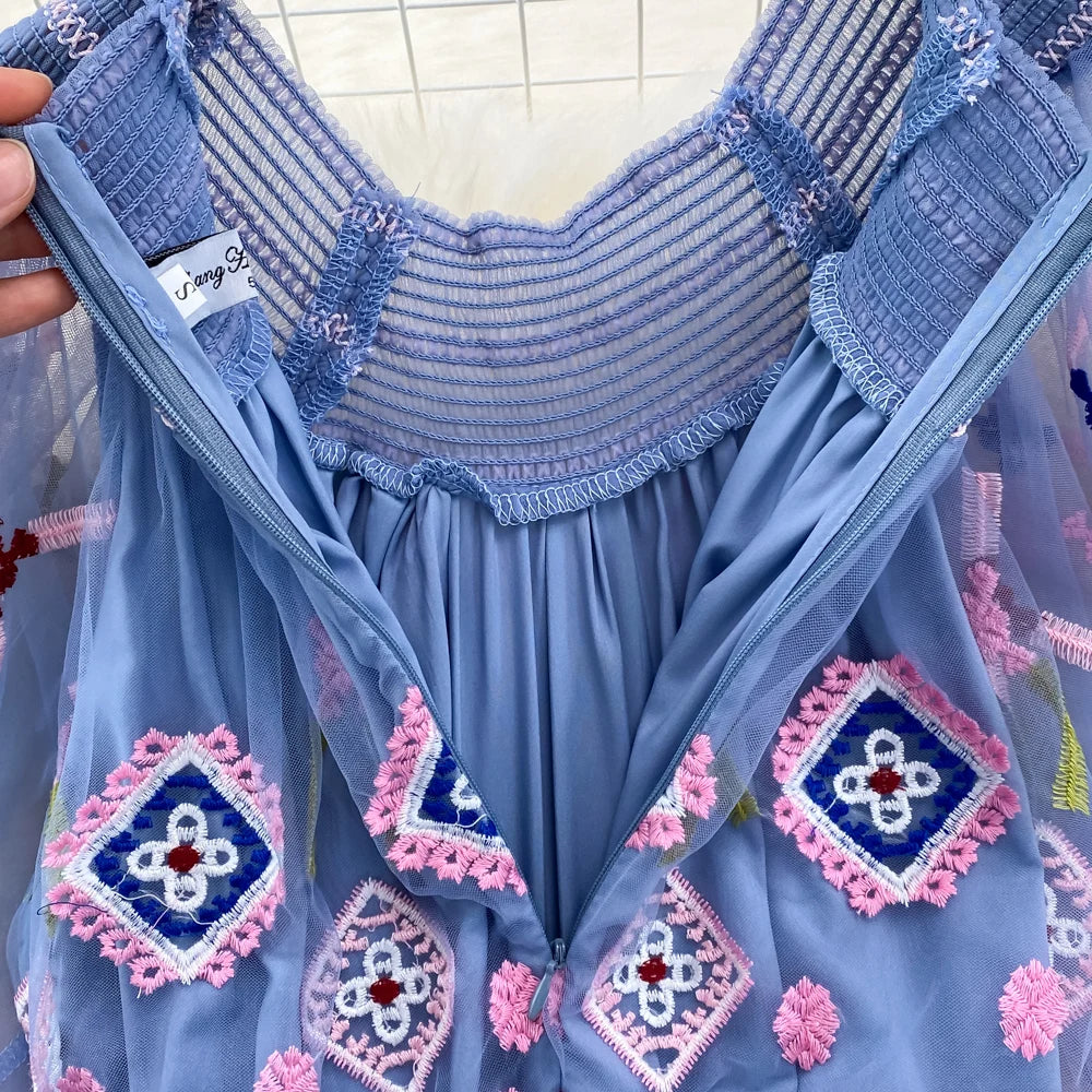 Summer Designer Fashion Runway Maxi Dress Women Short Sleeves Vintage High Quality Mesh Embroidery Long  Party Dress