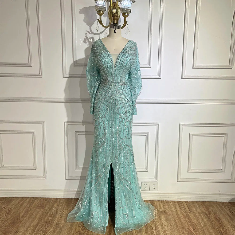 SERENE HILL 2024 Arabic Gold Elegant Mermaid Black Luxury Beaded Evening Dresses Gowns Diamond For Women Wedding Party GLA72288A