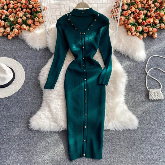Women Chic Hollow Elegant Long Sleeve Bodycon Dress Sexy Party French Fashion Knit Wrap Vestidos Tight Slim Pencil Dress