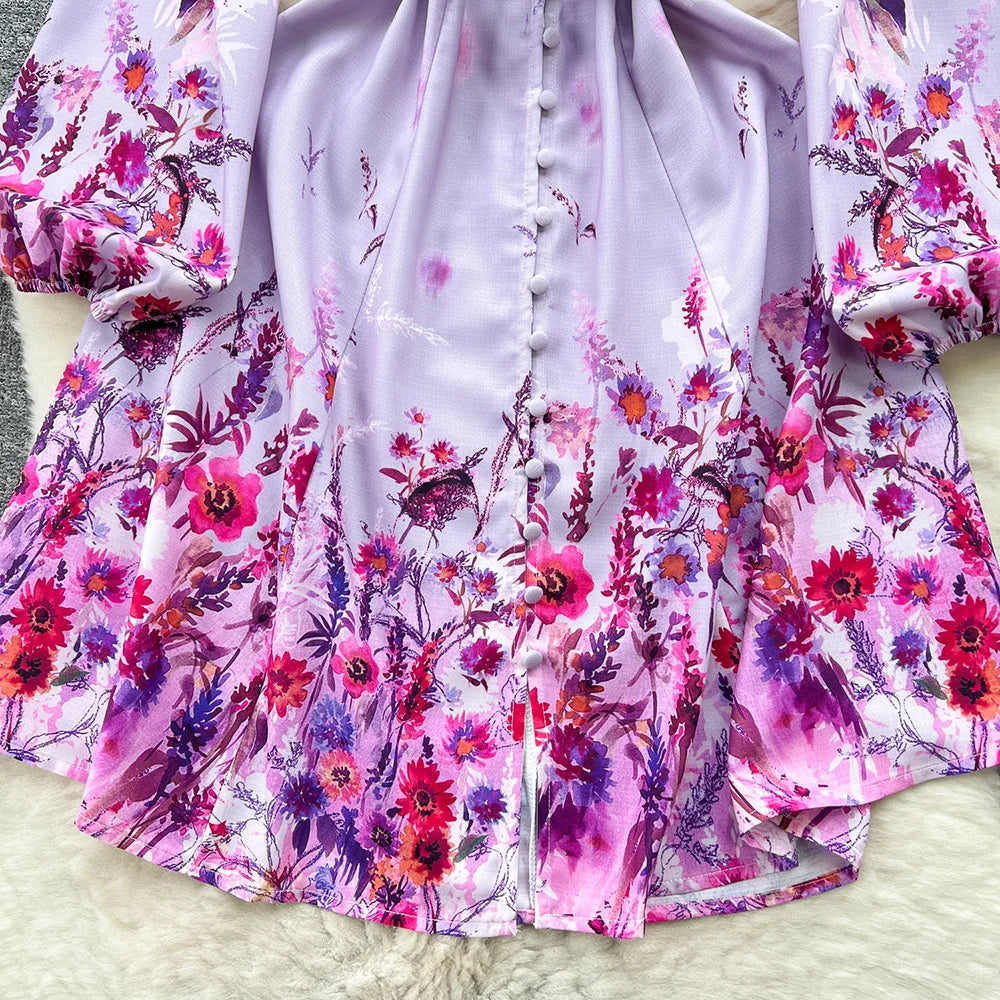 Spring Dresses 2024 Women Clothing Long Sleeve Party Elegant Dress With Belt Stand Collar Vintage Floral Print Holiday Dress