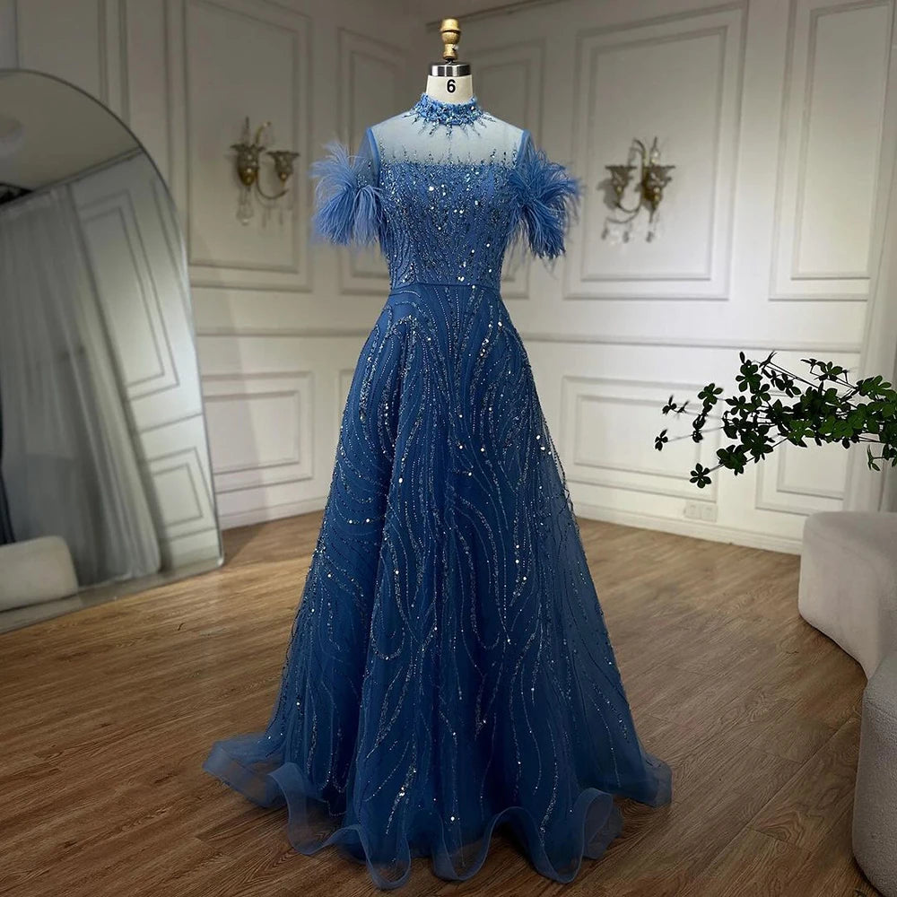 Serene Hill 2024 Arabic blue A Line Short Sleeveless Luxury Evening Dresses Beaded Feathers For Women Wedding Party LA72351