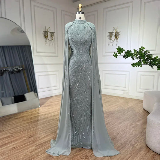 Serene Hill Muslim Sage Green Mermaid Long Cape Beaded Satin Luxury Evening Dresses Gowns For Women Party 2024 LA72413A