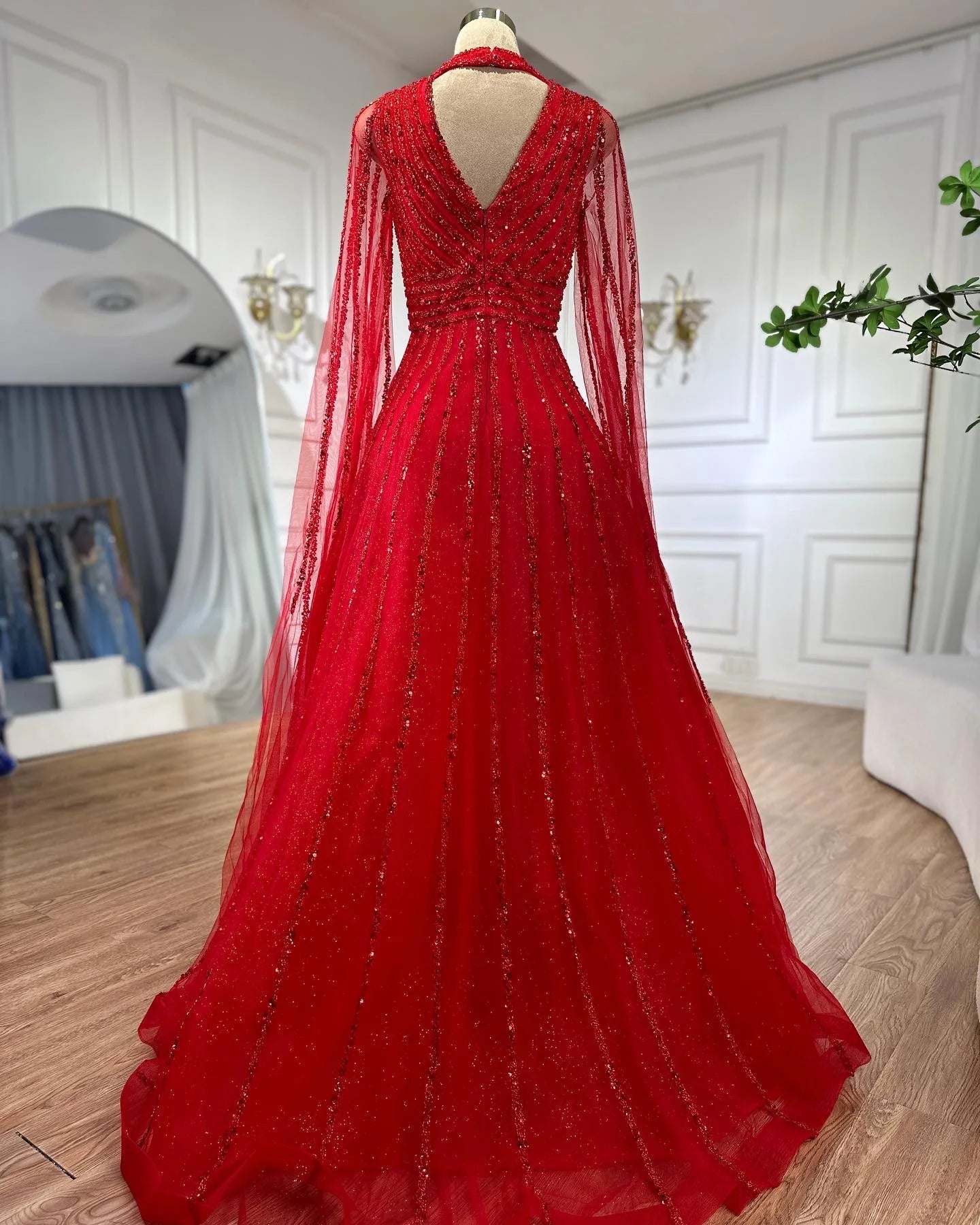 SERENE HILL 2024 Arabic Caramel A-Line Cape Sleeves Beaded Evening Dresses Luxury Gowns For Women Wedding Party GLA72171