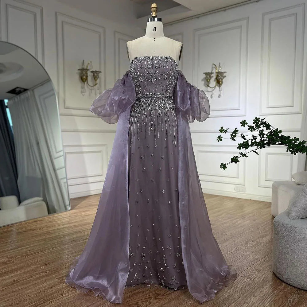 Serene Hill Black Sexy Off the Shoulder Puff Sleeves Evening Dresses Beaded Overskirt Mermaid Party Gown For Women 2023 BLA72002