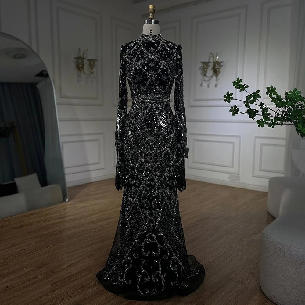 Serene Hill Muslim Grey Mermaid Elegant Nude Cape Sleeve Beaded Luxury Dubai Long Evening Dress 2024 Women's Party LA72316