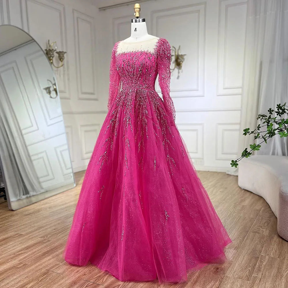 Serene Hill Muslim Pink A Line Beaded Luxury Dubai Long Evening Dresses Gowns 2024  For Woman Wedding Party LA71915
