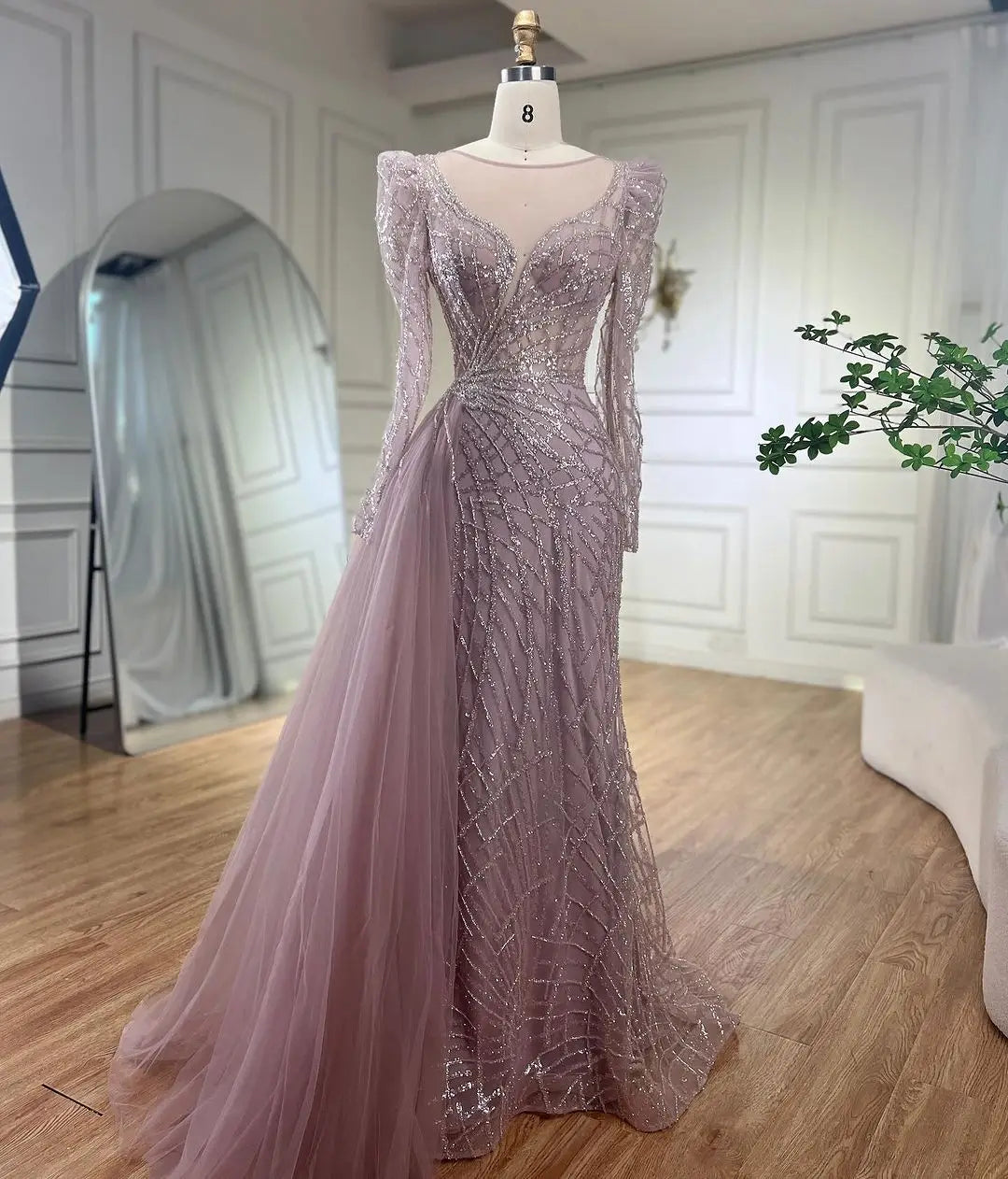 SERENE HILL Arabic Muslim Pink Mermaid Luxury Beaded Evening Dresses 2024 Gowns With Skirt For Women Wedding Party GLA72206
