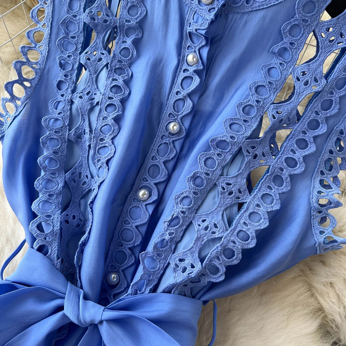 Summer Clothes Dresses For Women 2023 Elegant Vintage Embroidery Lace Dress Sleeveless Stand Neck Button Up Mini Dress With Belt