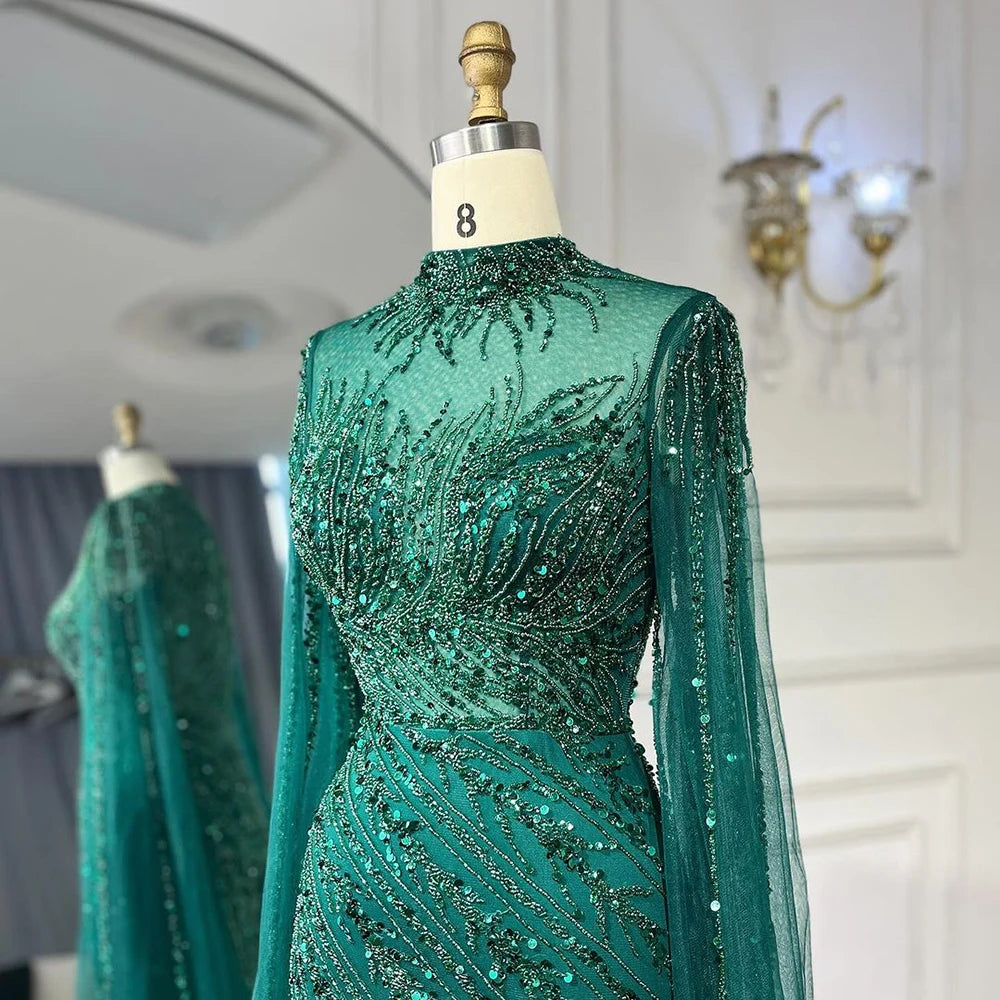 Serene Hill 2024 Nude Cape Sleeves Mermaid Lace Beaded Luxury Dubai Long Evening Dresses Gowns For Formal Occasion LA71885A