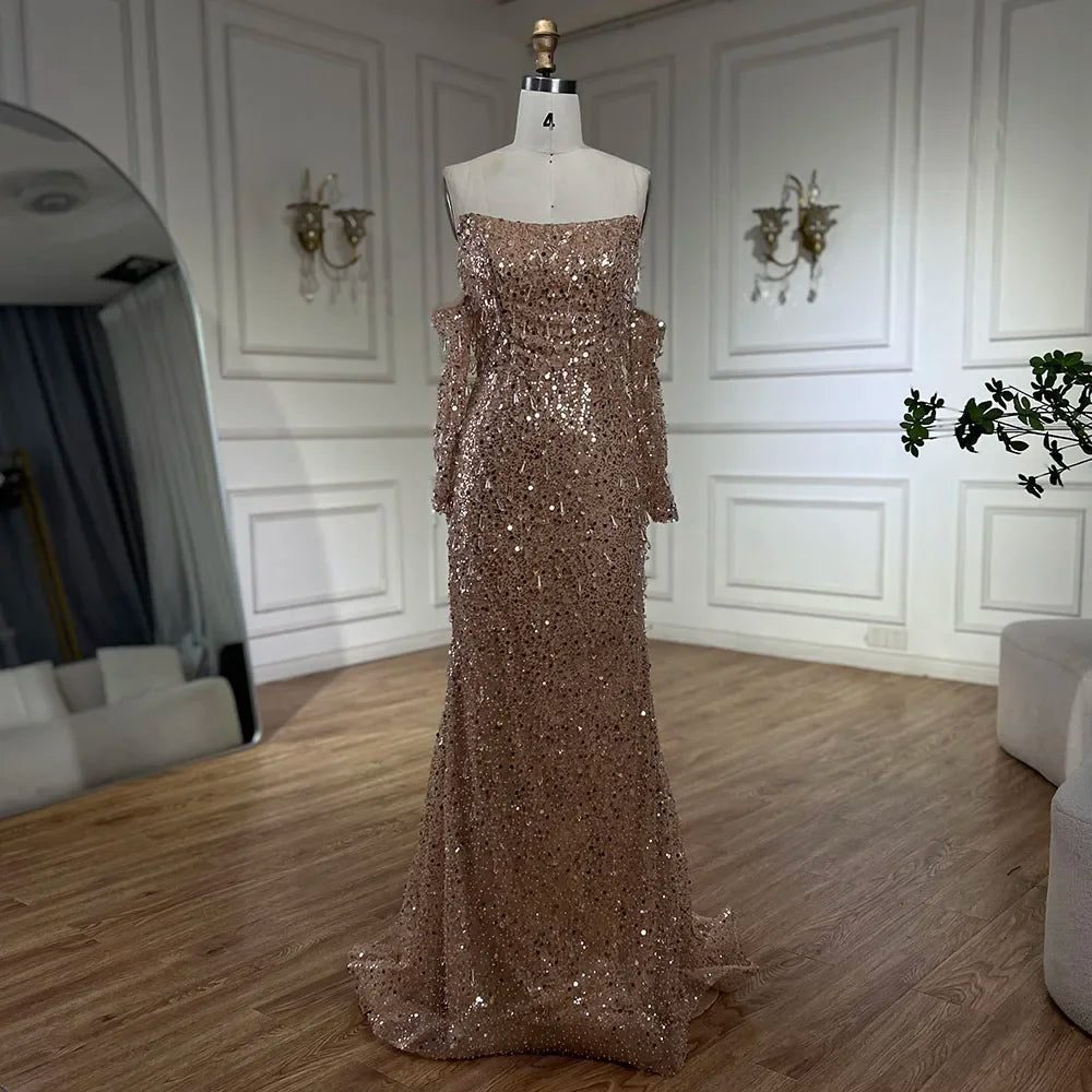 Serene Hill Arabia Orange Mermaid Strapless Luxury Beaded Crystal Evening Dresses Gowns for Women Wedding Party 2024 GLA72402