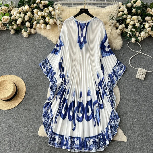 Vintage Print Elegant O-neck Batwing Sleeve Dress A-line Casual Belt Fashion Dress Women Fashion Summer Spring Vestidos