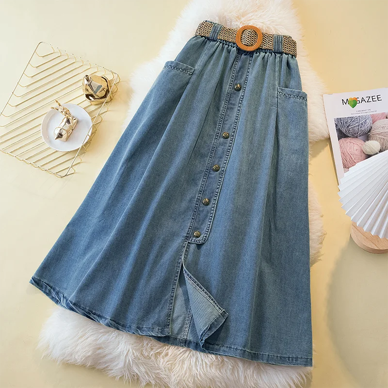Vintage Summer Denim Skirt for Women Fashion High Waist Slim Button Split Long Skirts Korean Loose A-line Thin Jeans Midi Skirt