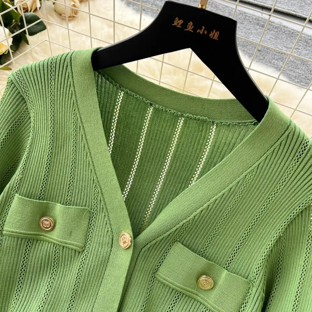 Elegant Women Solid Knitted Dresses Autumn V-Neck Single Breasted Chic Flared Sleeve Ruffles Hem Casual Female Slim Office Robes