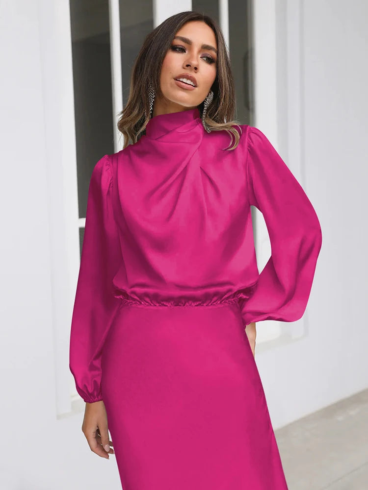 Spring Summer New High-End Satin Long Sleeved Dress Women's Ladylike Elegant Evening Dress Party Clothes Celebrity Dresses