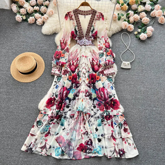 Retro Floral Print Pleated Elegant Chiffon Maxi Dress A-line Mesh V Neck Beach Vacation Party Dress Women Summer Spring Vestidos