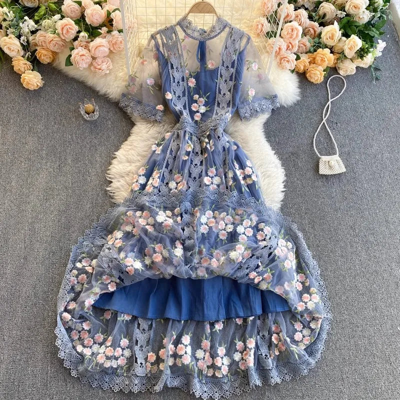 Elegant Mesh Embroidery Dress Women Korean Fashion Summer O Neck Short Sleeve Long Mesh Dress Party Vestidos