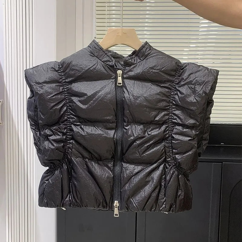 Women's Trendy Down Jacket Vest Winter Chic Sleeveless Zip Coat Round Neck Cropped Warm Waistcoat Female Spring 2024 New