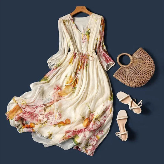 Summer Lady Dress Floral Printing Chiffon V-Neck Dresses Elegant Office Woman Skirt Temperament Casual A-line Long Skirt