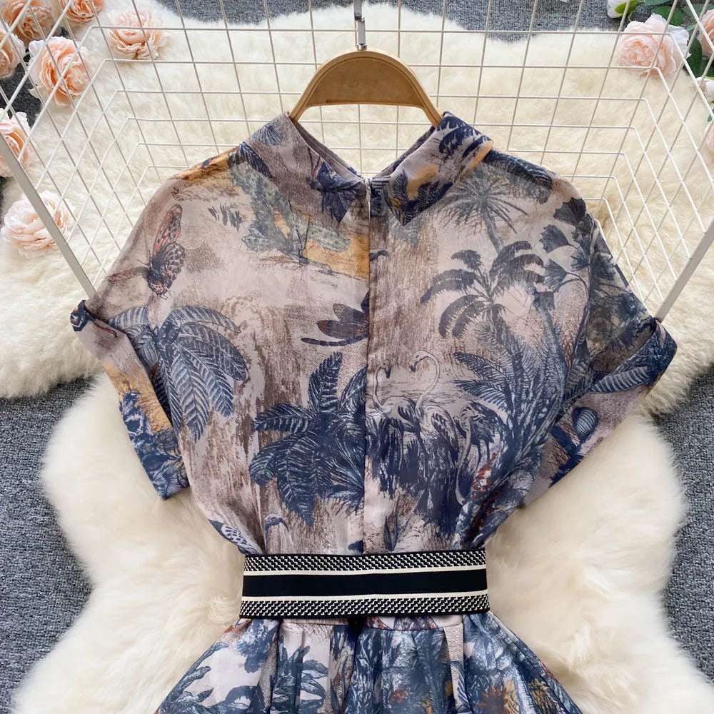 2022 Women Vintage Party Dress Summer French Elegant Print Dress Ladies High Waist Retro Single Breasted Belt Casual Long Dress