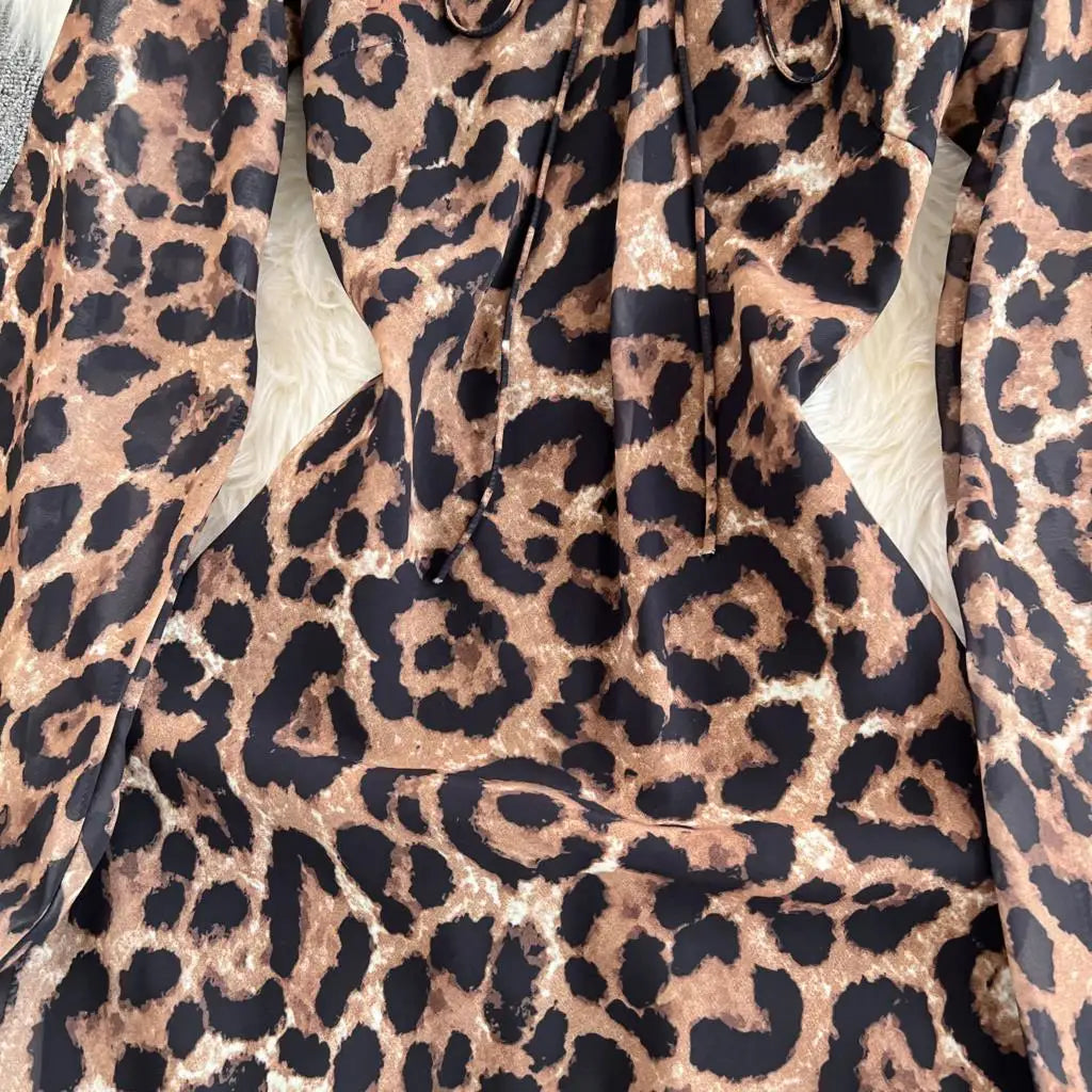Autumn Elegant Women Leopard Print Long Sleeve Dress Casual Loose A-Line Slit Evening Dresses New Fashion Vintage Vestido Mujers