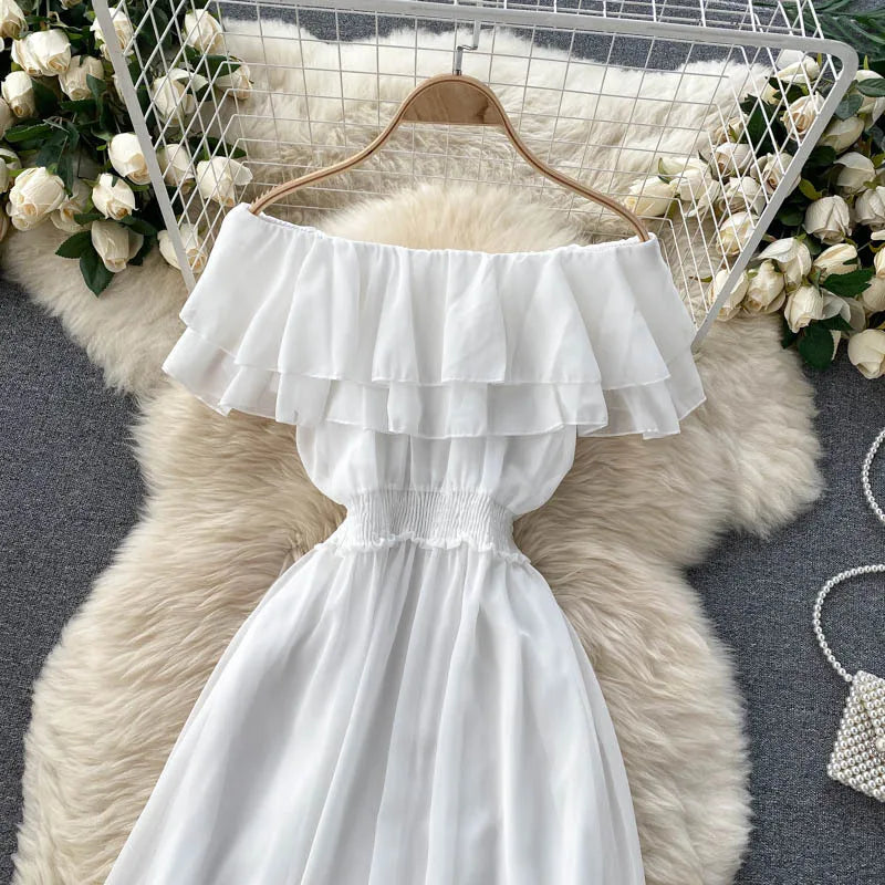 Women Chiffon Beach Dress Sexy Double Layer Ruffled Off The Shoulder Boho Dresses Ladies Sweet Slash Neck Long Dress