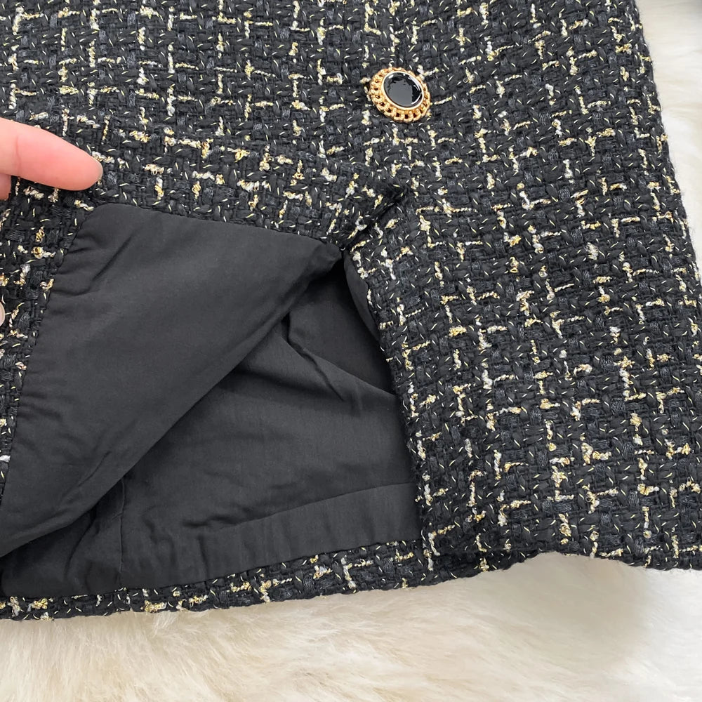 2024 Autumn Winter Vintage Dress Stand Up Collar Gold Velvet Long Sleeved Dress Patchwork Coarse Tweed A-line Dress