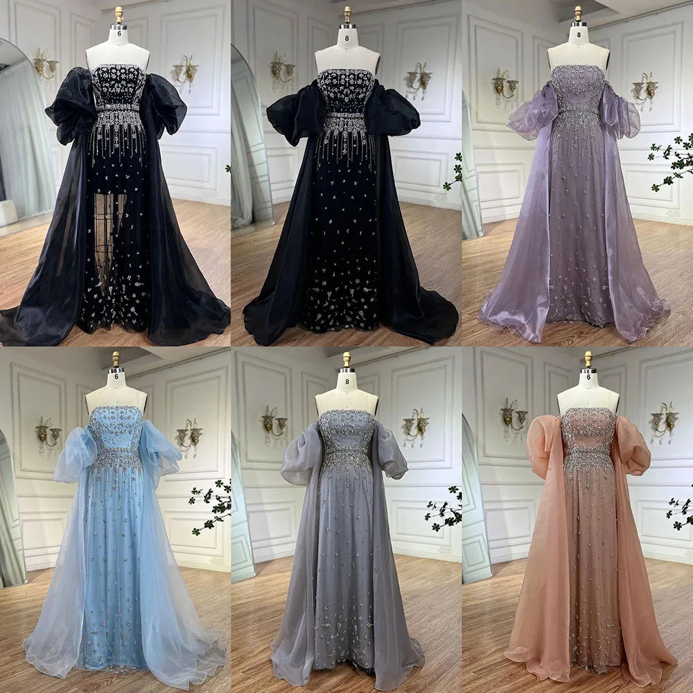 Serene Hill Black Sexy Off the Shoulder Puff Sleeves Evening Dresses Beaded Overskirt Mermaid Party Gown For Women 2023 BLA72002