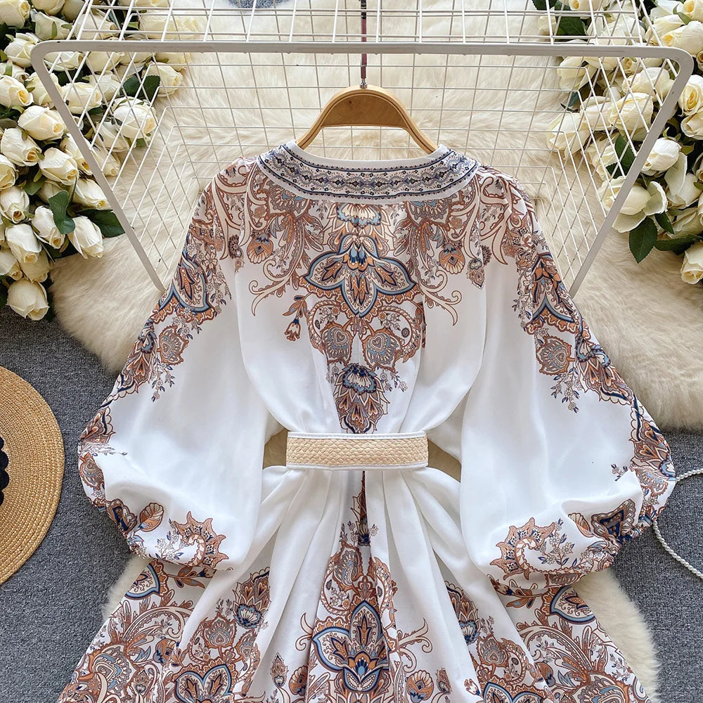 Holiday Dress For Women 2024 Bohemian Vintage Paisley Print Dress Spring 3/4 Sleeve V Neck Elegant Party Short Dresses With Belt