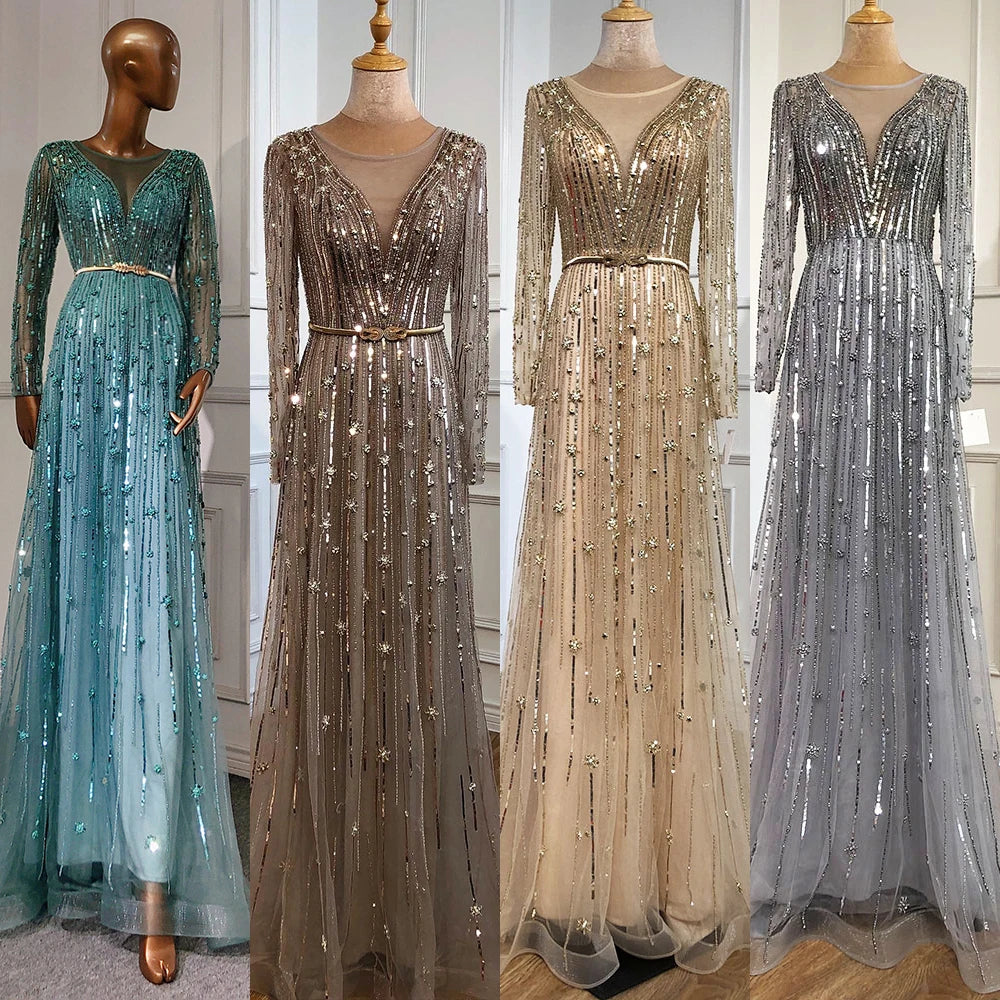 Serene Hill Muslim Gold A-Line Luxury Evening Dresses Gowns 2022 Sparkle Beaded Long Sleeves Sexy For Women Party GLA70674