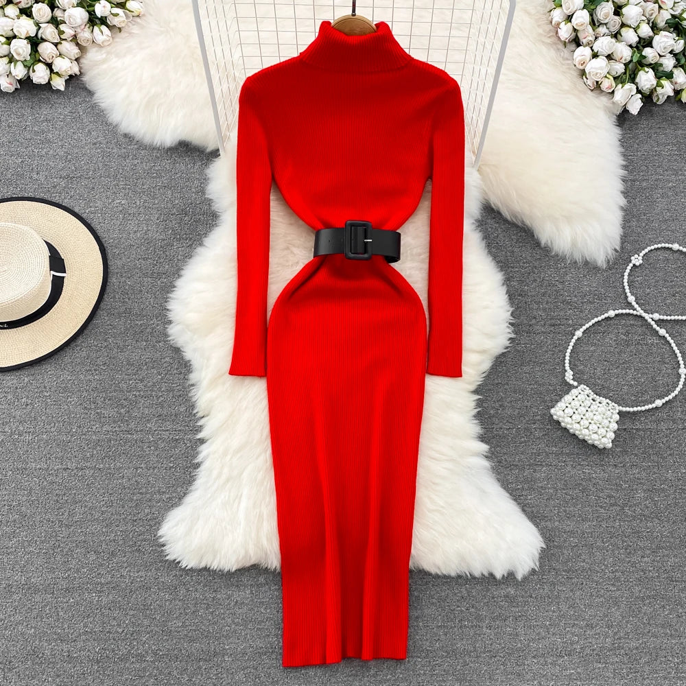Elegant Turtleneck Long Sleeve Knit Soft Tight Pencil Dress with Belt Slim Fashion Warm Sweater Vestido Sexy Women Winter Robe