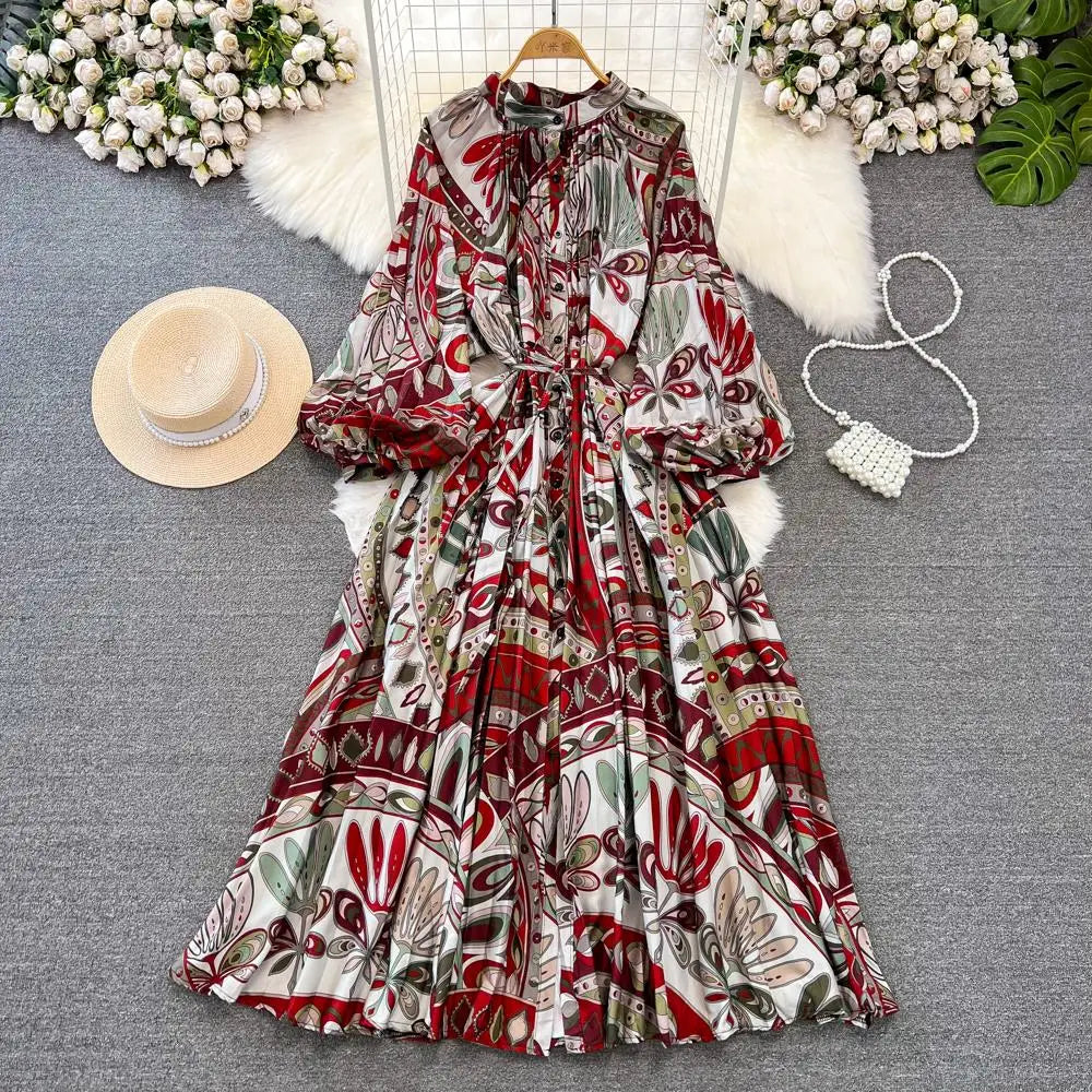 Elegant Women Casual Floral Print Party Dress Vintage Lantern Sleeve A-Line Pleated Prom Birthday Clothes Female Fashion Robe
