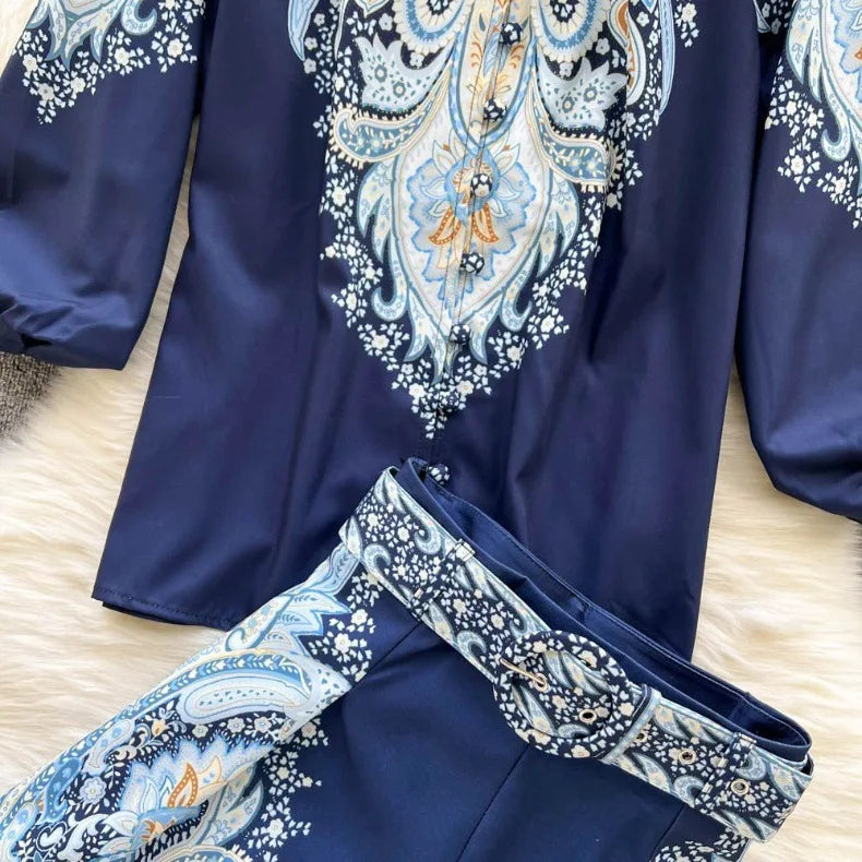 Spring Summer Retro Print Two Piece Set Women Lantern Sleeves Standing Neck Blouse Top+High Waist Wide Leg Shorts Elegant Suits