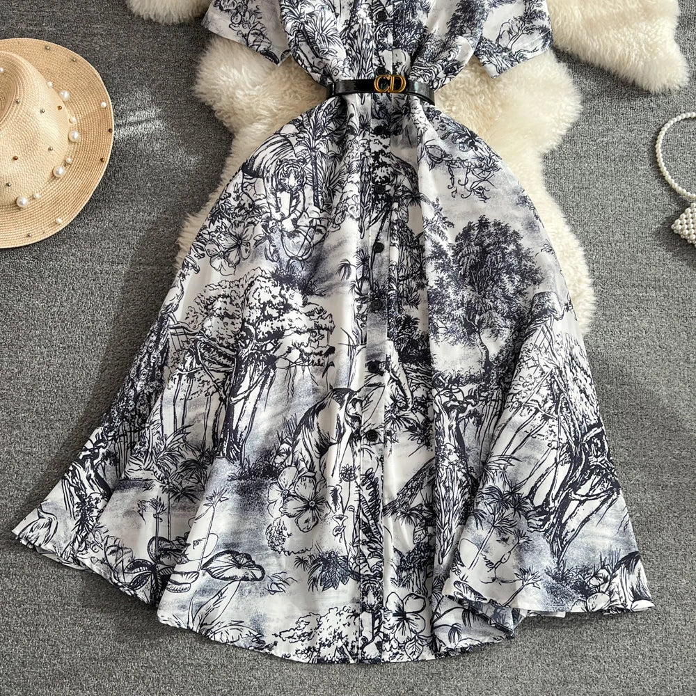 Summer Retro Shirt Dress Women Short Sleeved Lapel Single Breasted A-line Print Long Dresses Ladies Elegant Party Long Robe