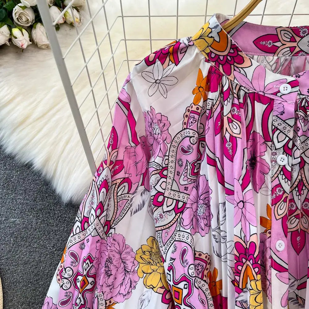 Elegant Women Casual Floral Print Party Dress Vintage Lantern Sleeve A-Line Pleated Prom Birthday Clothes Female Fashion Robe
