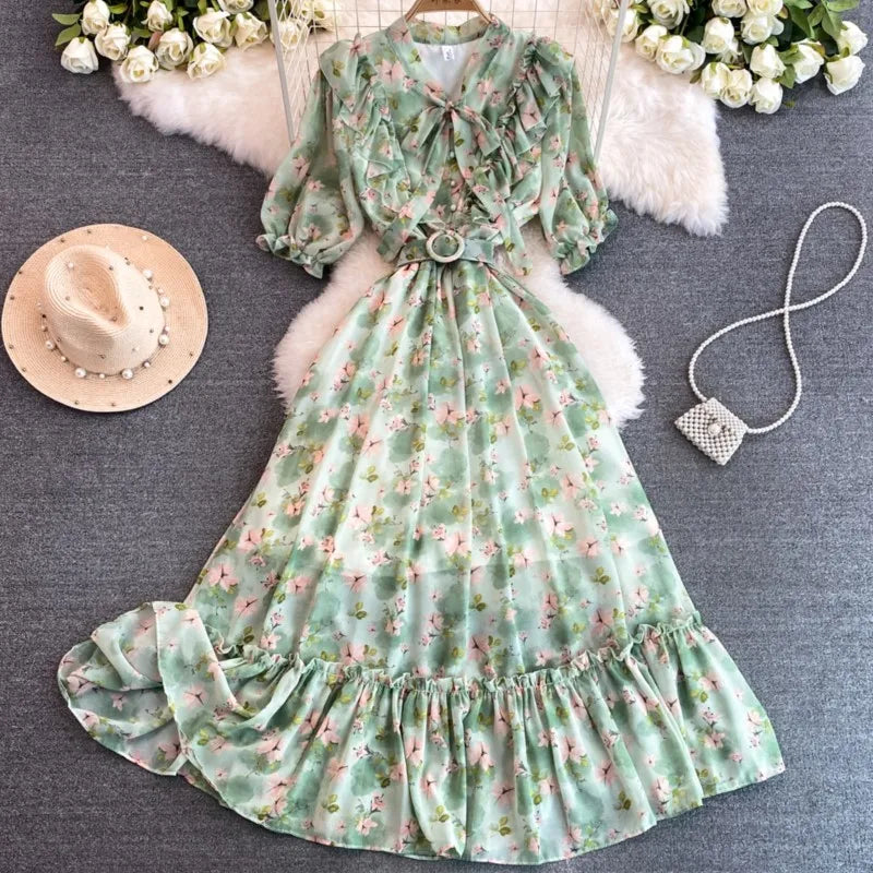 Summer Women Fashion Floral Print Casual Midi Dress Short Sleeve A-Line Maxi Boho Holiday Clothes Female Long Robe Mujers New