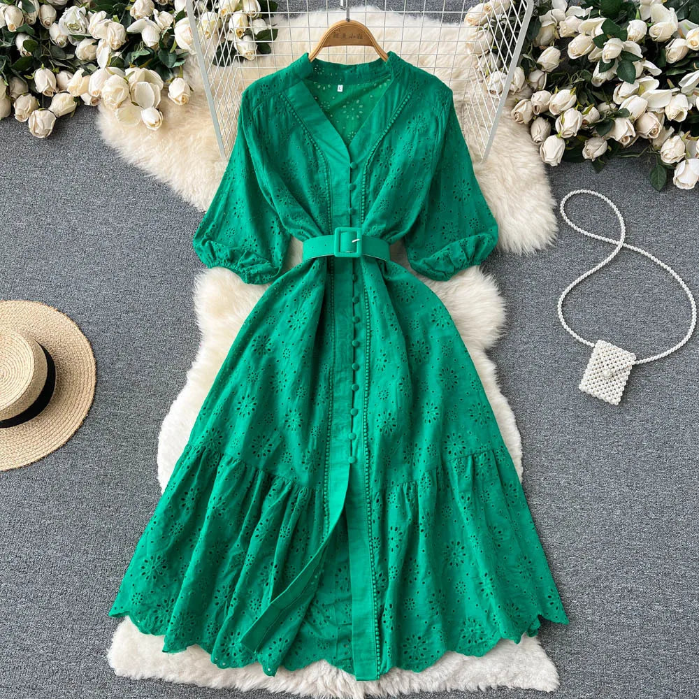 Summer V-neck Hollow Out Dress Women Bubble Sleeves Loose Embroidered Ruffle Edge Long Dresses Ladies Elegant Casual Long Robe