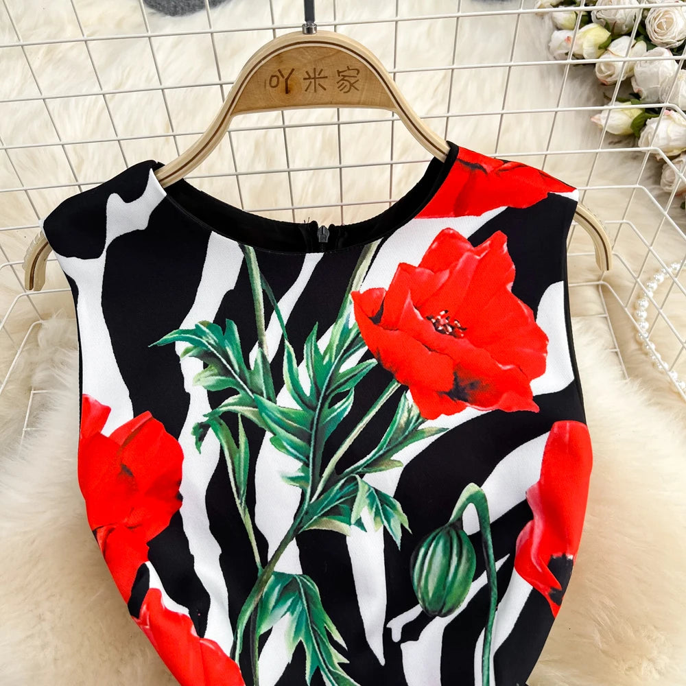 New In Dresses Summer Clothes For Women 2023 Fashion Elegant Vintage Print Party Dress Round Neck Sleeveless A Line Mini Dress