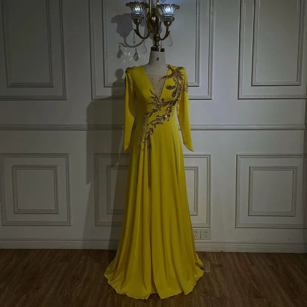 Serene Hill Luxury Dubai Arabic Yellow Mermaid Elegant Tassel Beaded Evening Dresses Gowns For Women Wedding Party 2024 LA72555