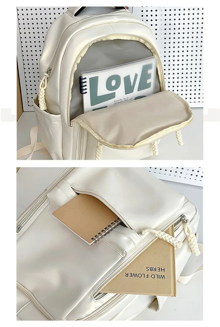 Korean Fashion College Student School Bags Women's New Trendy Casual Glossy Leather Backpacks Versatile Large Capacity Handbags