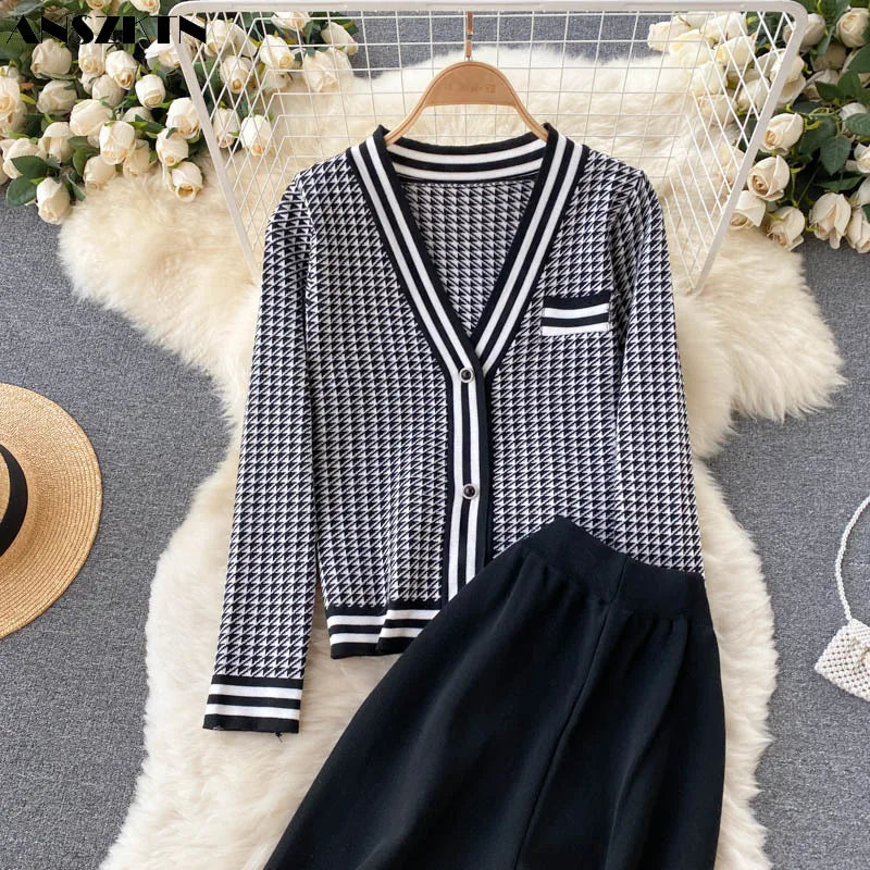ANSZKTN Ladies Knitted Cardigan Top Wide Leg Trousers Clothing Fall Winter 2 Piece Sets For Women