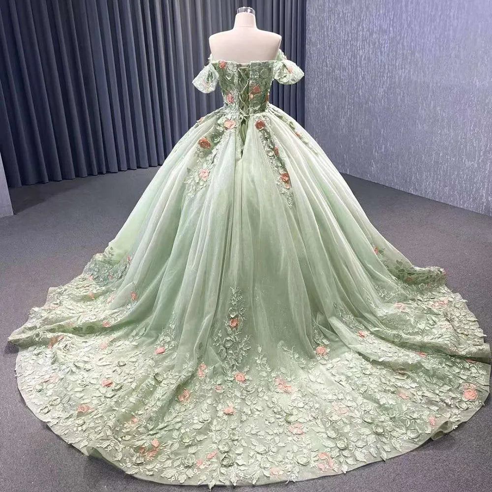 Serene Hill 2024 High End Custom Dubai Sage Green Elegant Boat Neck Wedding Dress Appliques Bridal Gowns HM222240B