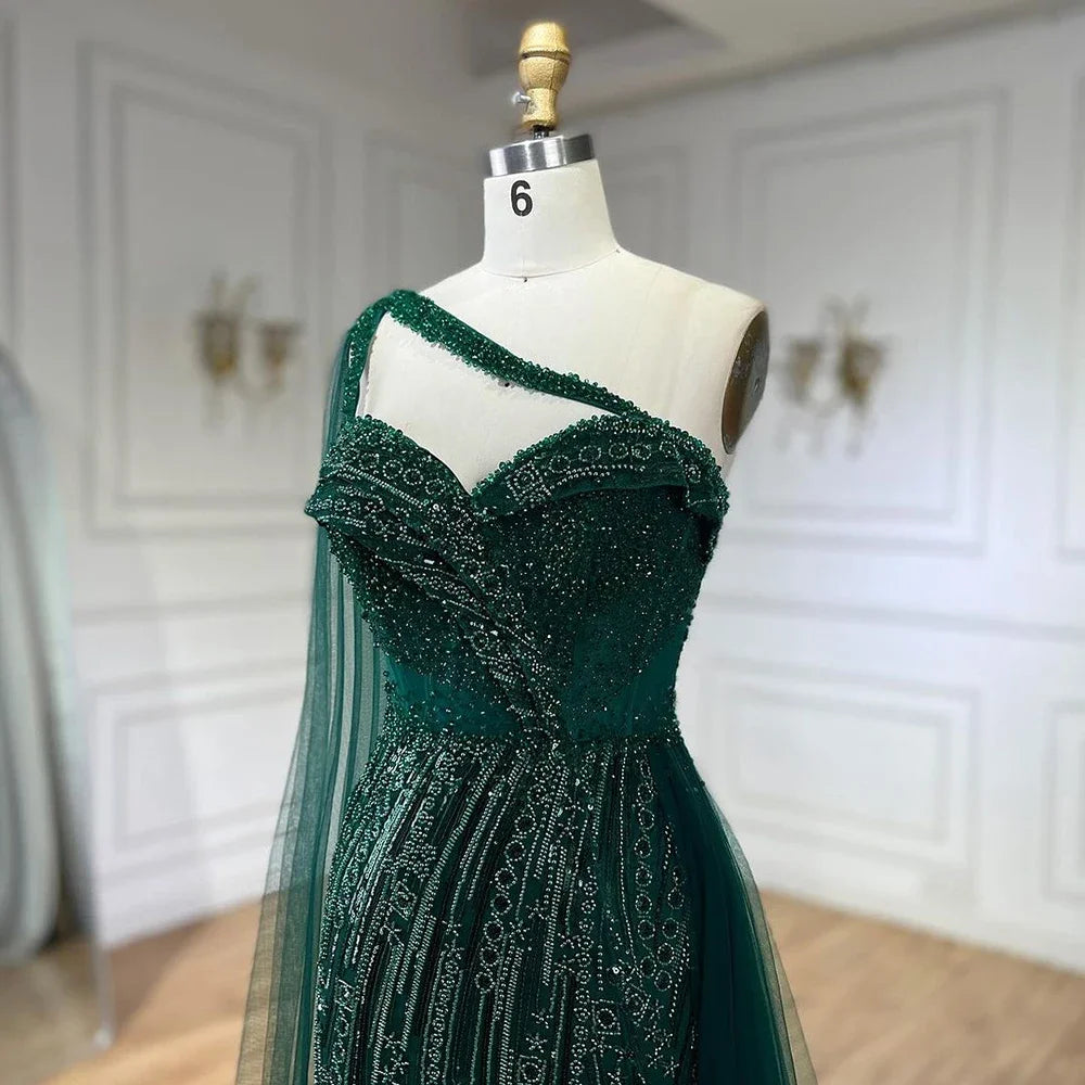 SERENE HILL 2024 Green One Shoulder Mermaid Evening Dresses With Cape Sideskirt  Luxury Gown For Women Wedding Party GLA72472