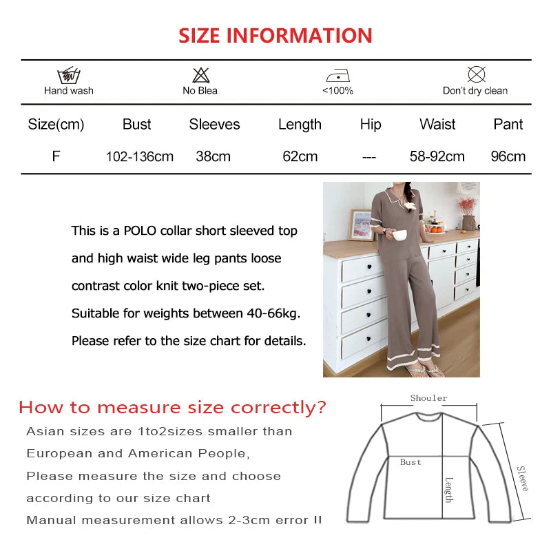 Women Casual Summer Loose Contrast Color Knit Two-piece Set POLO Collar Short Sleeved Top and High Waisted Wide Leg Pants Outfit