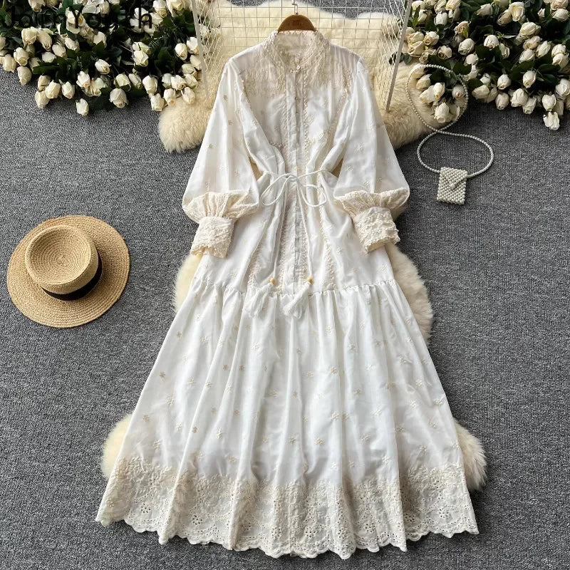 Vintage Embroidery Stand Collar Dresses for Women 2024 Summer New Robe Femme Heavy Elegant Lantern Sleeve Chic Vestido Feminino